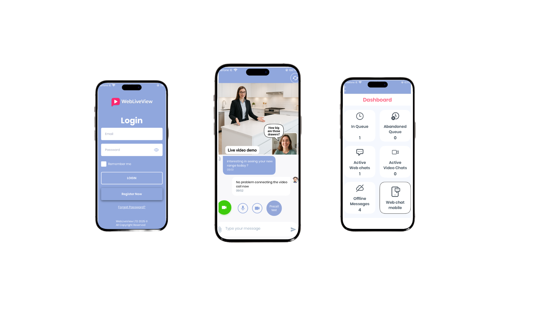 WebLiveView product showing 3 iPhone screens for Login, Live Call, and Dashboard features